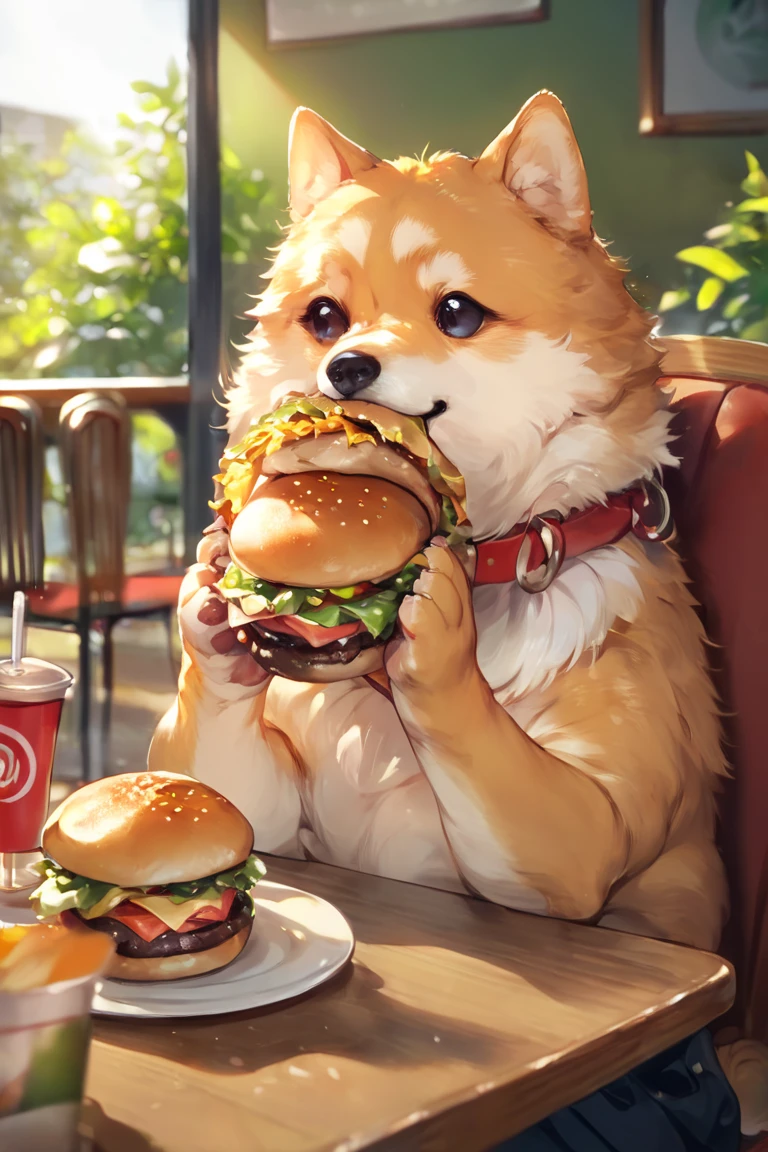 score_9, score_8_up, score_7_up, animal focus, animal, dog, shiba inu, food, food in mouth, holding, holding food, eating, burger, table, no hunams, sitting, on chair, chair, indoors, cafe <lora:MixSummerSolstice Style SDXL_LoRA_Pony Diffusion V6 XL:1>