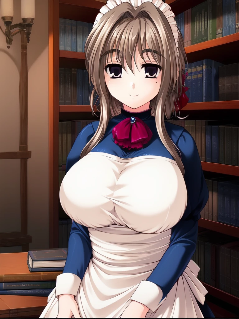 <lora:Shiori:1>, Shiori, 1girl, solo, mole under eye, maid, mole, book, maid headdress, brown hair, apron, smile, breasts, large breasts, long sleeves, holding, long hair, looking at viewer,
masterpiece, high quality, very_high_resolution, large_filesize, full color,