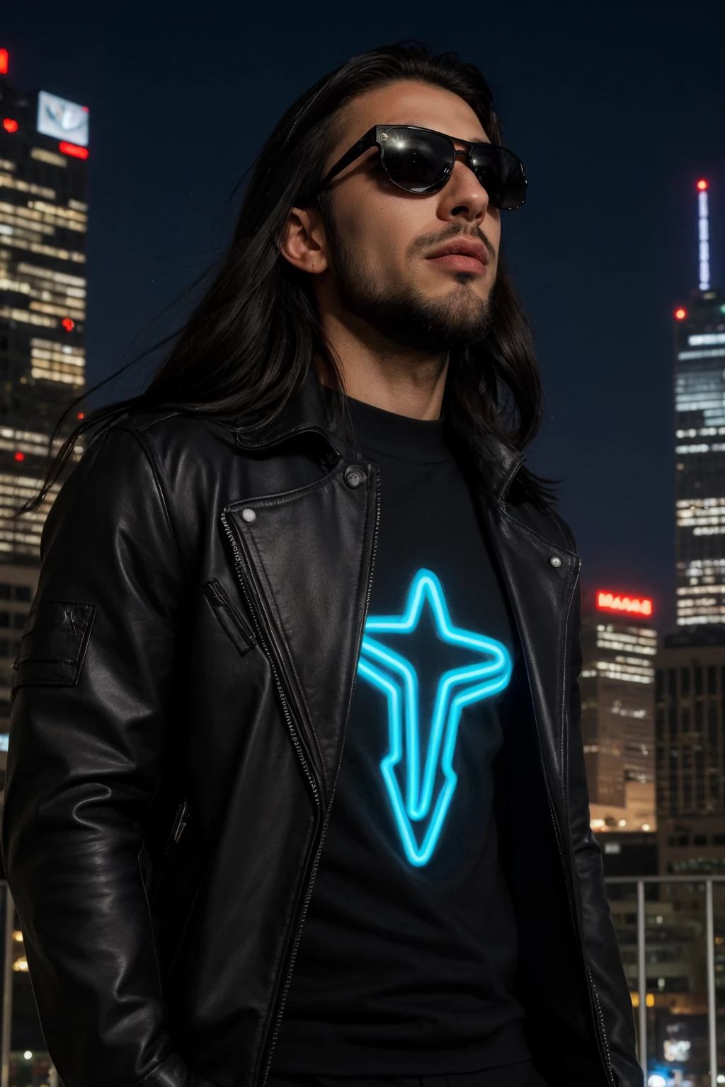 (1guy),4k, 8k, ultra highres, raw photo in hdr, sharp focus, intricate texture, detailed skin,skin imperfections, realistic, detailed facial features, highly detailed face, ((best quality)), ((masterpiece)), ((detailed)), (Striking), Captivating, (Astounding), Architecture, Glass skyscrapper,tall building,night,standing,cyberpunk outfit,cyberpunk, Neon light, Electrifying light, Vibrant glow, Neon illumination,full beard,black hair,black sunglasses,robot