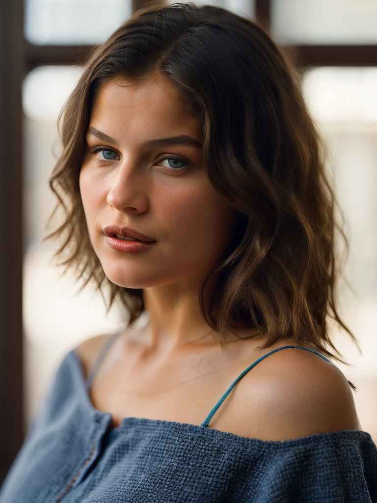 A beautiful l43t1t14c woman, 1girl,solo,short hair,blue eyes,brown hair,upper body,lips,realistic,unbuttoned,nose,soft lighting, professional Photography, Photorealistic, detailed, RAW, analog, sharp focus, 8k, HD, high quality, masterpiece<lora:l43t1t14c:1.0>