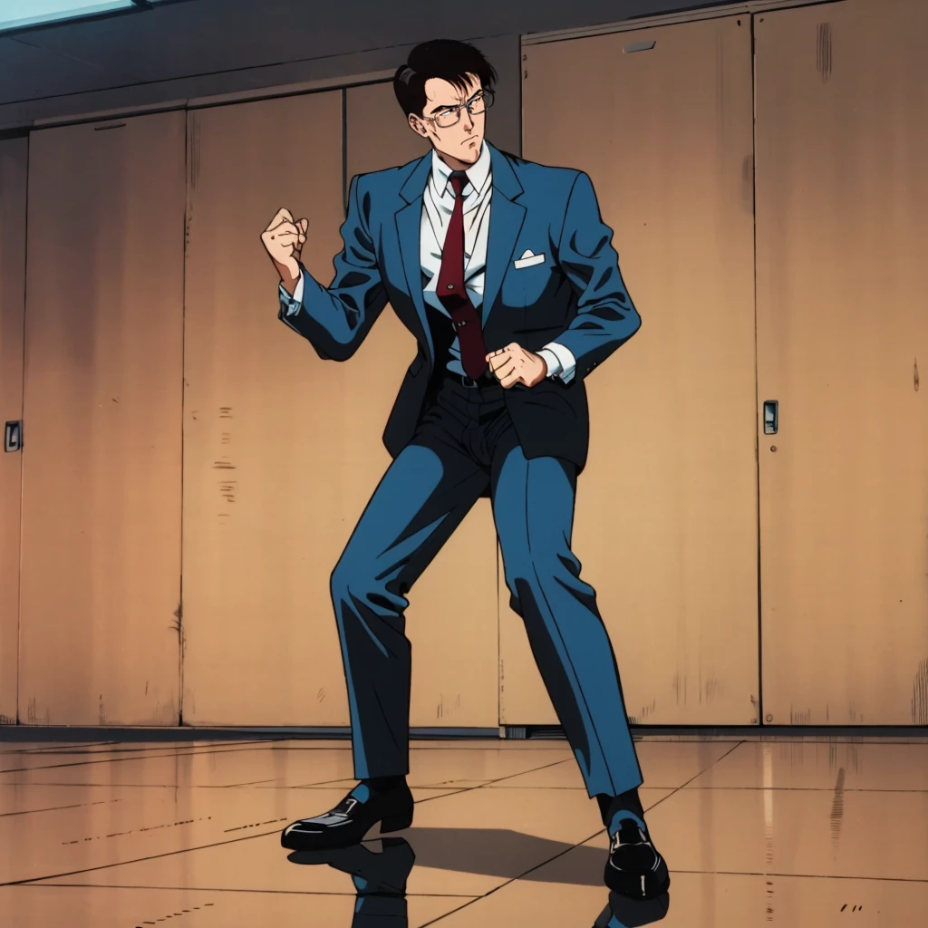 <lora:HirakawaMasumi001:0.7>,solo,
HirakawaMasumi,1man,black hair,short hair,black eye,eyewear,retro artstyle,1980s (style),
business_suit,
full body,fighting_stance,