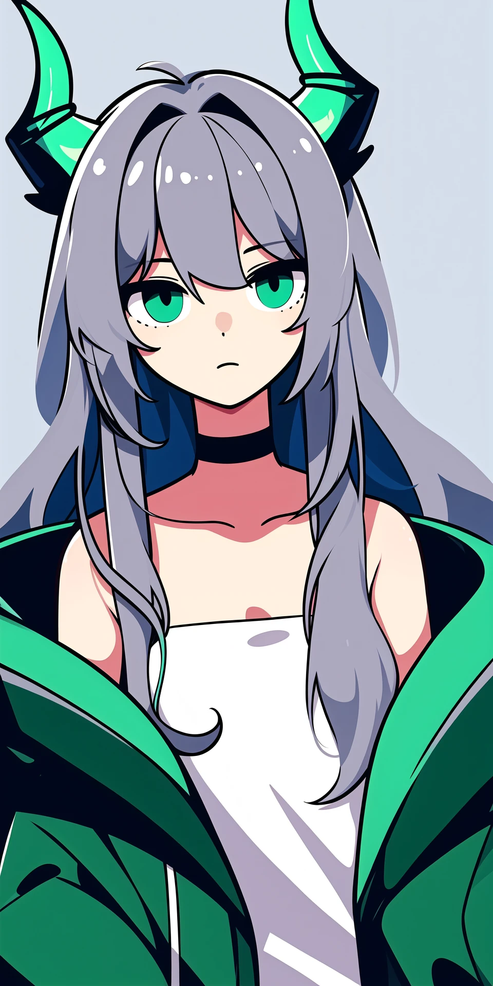 strapless_shirt, hair_stick, dragon_horns, jacket, hair_between_eyes, solo, shirt, 1girl, white_shirt, choker, green_hair, very_long_hair, (grey_background:1.2), tail, simple_background, colored_skin, beads, grey_hair, shu_\(arknights\), horns
<lora:adventure:0.7>