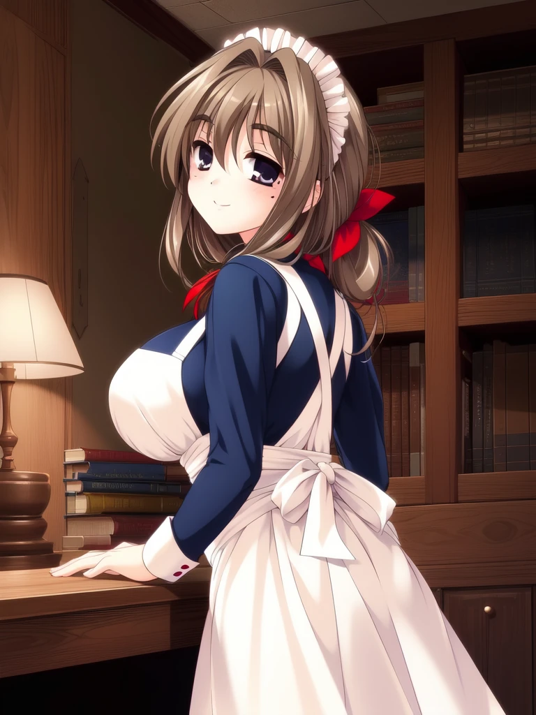<lora:Shiori:0.8>, Shiori, 1girl, solo, maid, brown hair, book, apron, maid headdress, smile, looking back, mole, lamp, mole under eye, ribbon, long sleeves, hair ribbon, indoors, breasts, blush, hair intakes, looking at viewer,
masterpiece, high quality, very_high_resolution, large_filesize, full color,