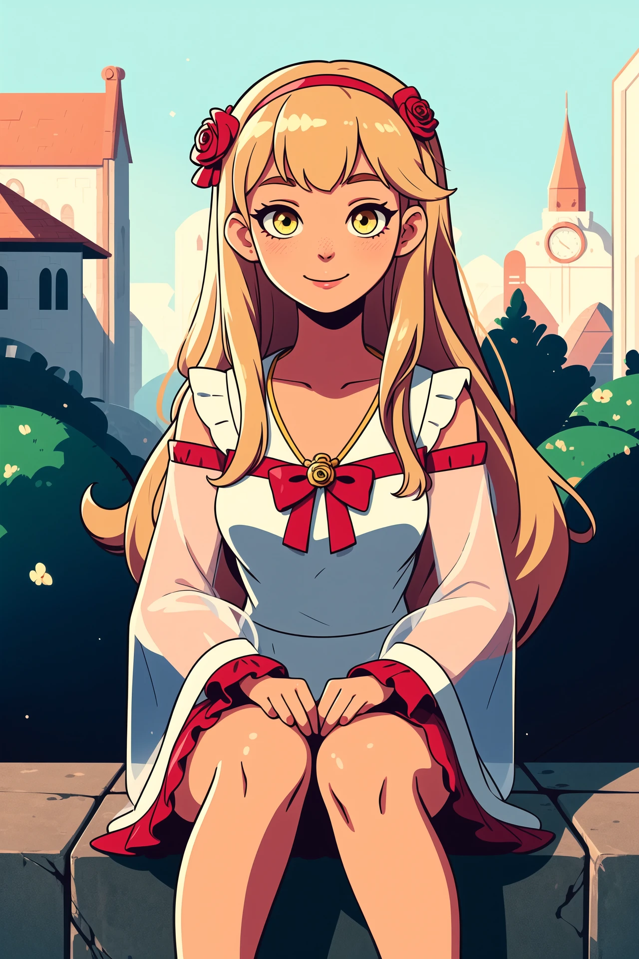 <lora:colorize:0.4><lora:adventure_lite:0.9>,inzaniak
1girl,absurdres,beads,between_legs,blonde_hair,blunt_bangs,blush,bow,bowtie,collarbone,dress,flower,frilled_dress,frills,gem,glowing,gold_trim,golden_rose,hair_flower,hair_ornament,hand_between_legs,hand_on_own_knee,highres,ienaga_mugi,jewelry,lace_sleeves,light_particles,looking_at_viewer,nijisanji,pendant,pink_flower,pink_rose,red_gemstone,rose,scrunchie,see-through,see-through_sleeves,sitting,smile,solo,virtual_youtuber,white_dress,white_scrunchie,yellow_eyes,yolsan