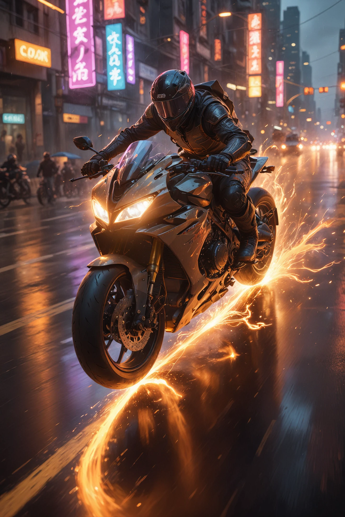 a dynamic perspective, perhaps from ground level or a low angle, to emphasize the speed and power of a Dukadi motorcycle as they zoom past. Use foreshortening to accentuate the sense of depth and movement, glowneon, glowing, sparks, lightning,motion blur,background of highways