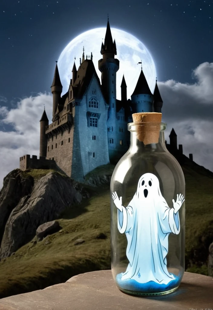 (Photo of a ghost in a bottle), backgound enchanted castle