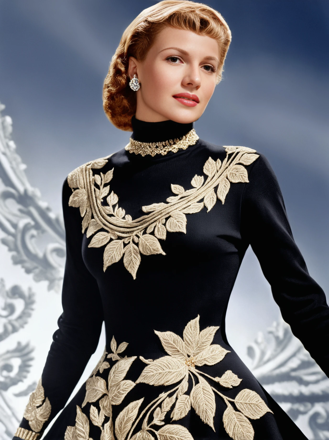 High Fashion, Photorealism portrait of RitaHeyworthSDXL wearing an (intricate elegant:1.4) turtleneck dress <lora:RitaHeyworthSDXL-000009:1>, Photorealism, often for highly detailed representation, photographic accuracy, or visual illusion., dynamic, dramatic, haute couture, elegant, ornate clothing, High Fashion