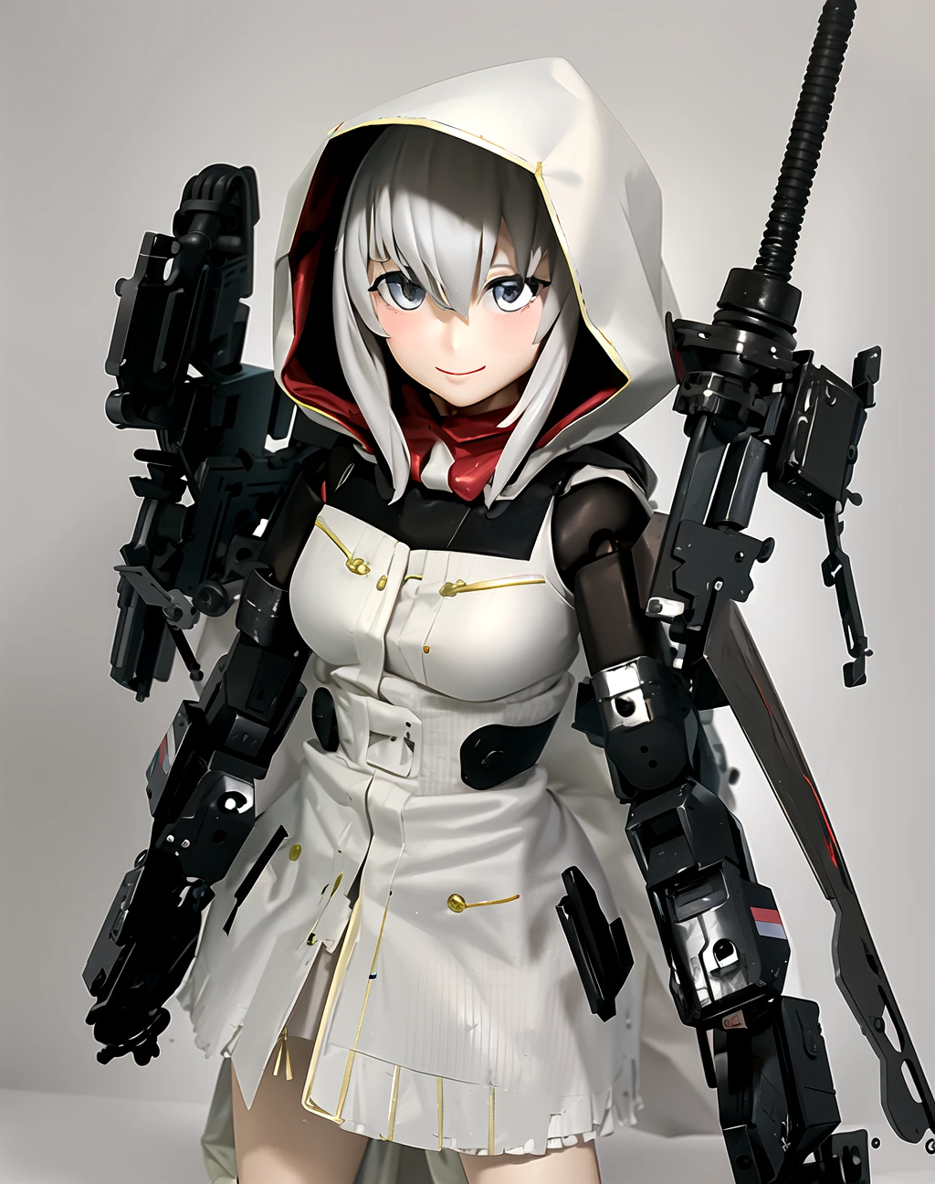 1girl, (solo:1.5), hood up, white robe, white hood, light grey hair, light grey eyes, doll joints, mecha musume, smile, v, gloves, looking at viewer, open hand
<lora:biplamechashoujo_v1:1>, biplamechashoujo