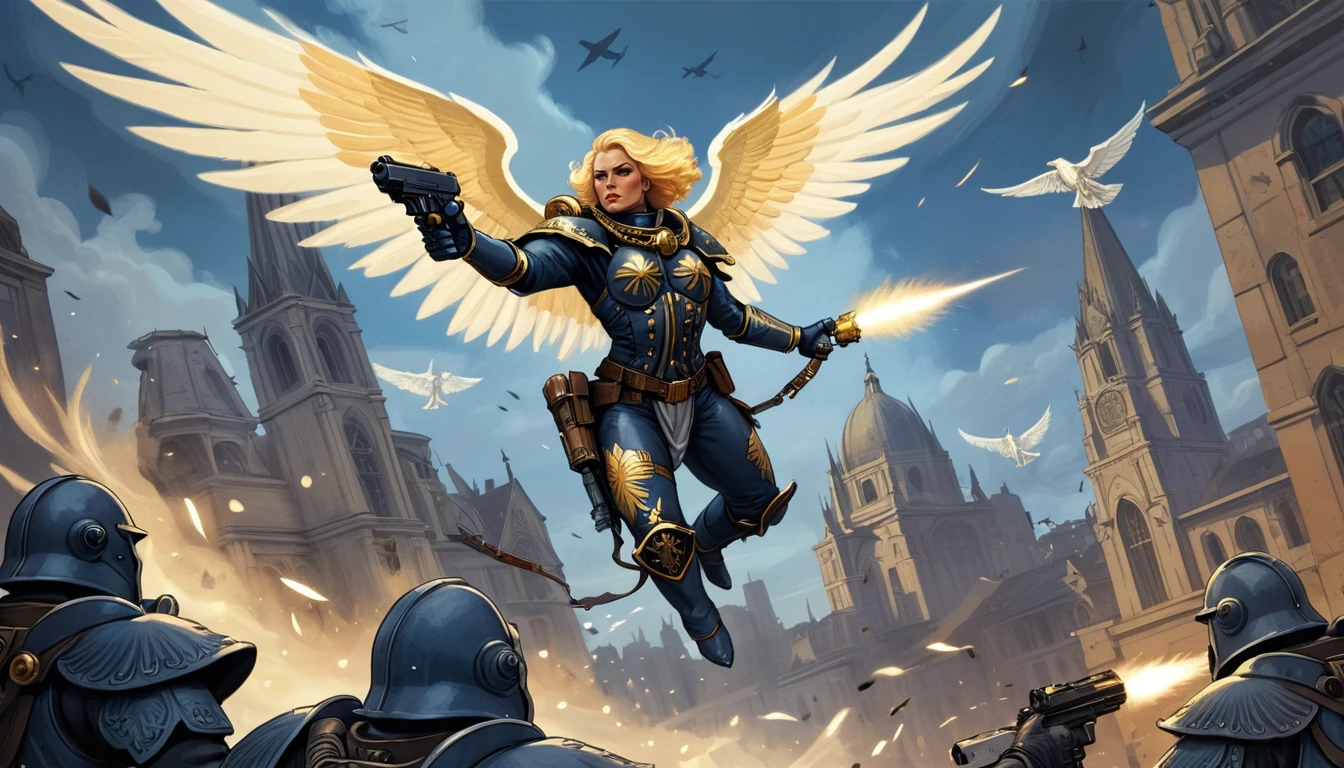 (Digital Illustration), Sister of Battle, Seraphim, soaring through the air, armed with an ornate bolt pistol, flying high in the sky firing bolter rounds at enemies on the ground bellow her, (angle wings), RPG artwork \(style\), dramatic, dynamic composition, stylized, painterly, brush strokes, city backdrop, depth, atmospheric, warm color, dramatic shading, extremely detailed,
<lora:Sisters-of-Battle-subset-000004:1>