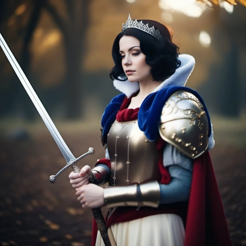 cinematic photo SnowWhite1024, a realistic woman wears a medieval armor with a sword <lora:SnowWhite1024:0.8> . 35mm photograph, film, bokeh, professional, 4k, highly detailed