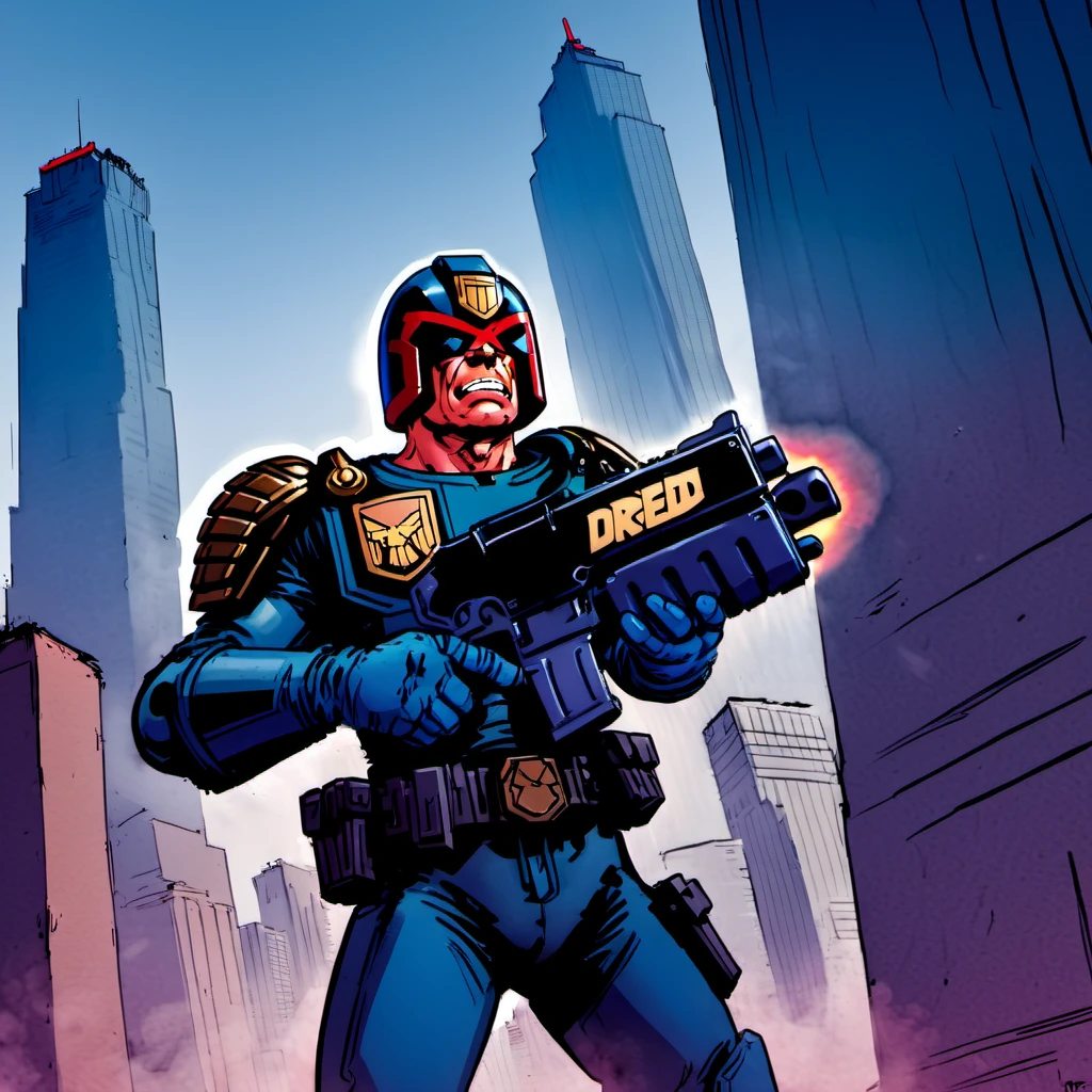 Judge Dredd aiming (a bltgun bolter weapon) in his hand, city street, traffic, skyscrapers,