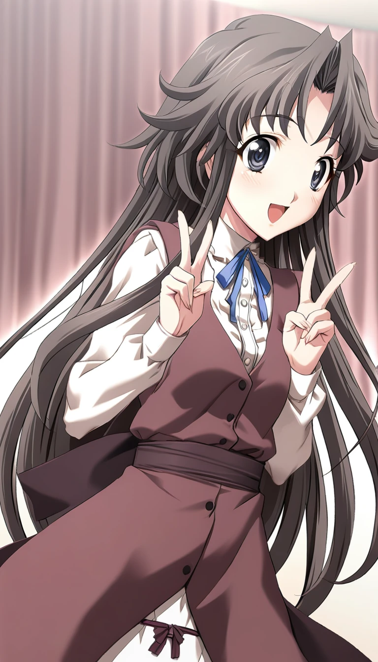1girl,hakosaki chisa,red outfit, frilled shirt, blue ribbon, dark red slim belt, double v,happy,solo,masterpiece,best quality,game cg, (illustration:1.2),(extremely fine and beautiful),(perfect details),(unity CG 8K wallpaper:1.05),(ray tracing),(beautiful and clear background:1.25),(depth of field:0.6), (detailed beautiful eyes:1.2),(beautiful face:1.2),<lora:HakosakiChisaXL:1>
