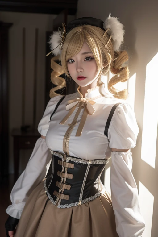 ltra-detailed,highly detailed,best quality,masterpiece,illustration,realistic,photorealistic,
tomoe mami, magical girl, cosplay, 1girl, solo,
hat, corset, shirt, puffy sleeves, detached sleeves, pleated skirt, fingerless gloves, neck ribbon,
twin drill hair, long hair, bangs, hair ornament, twintails, hairpin,
cowboy shot, cowboy shot,
<lora:tomoe mami_v1_02:0.7>