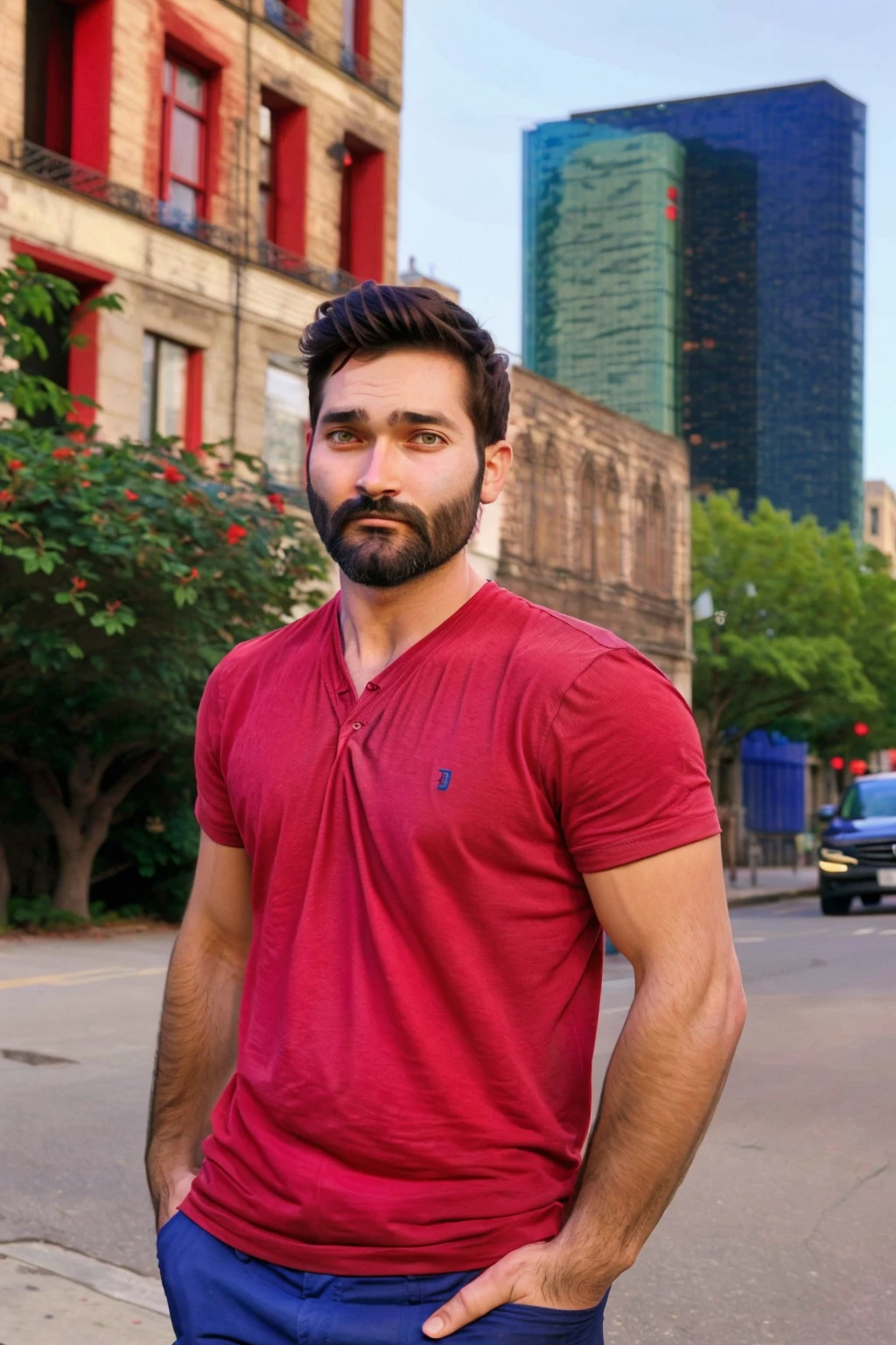 tyler hoechlin, short beard, short pompadour, red v-neck t-shirt, blue shorts, cowboy shot, city streets <lora:tyler_hoechlin_28-000031:1>