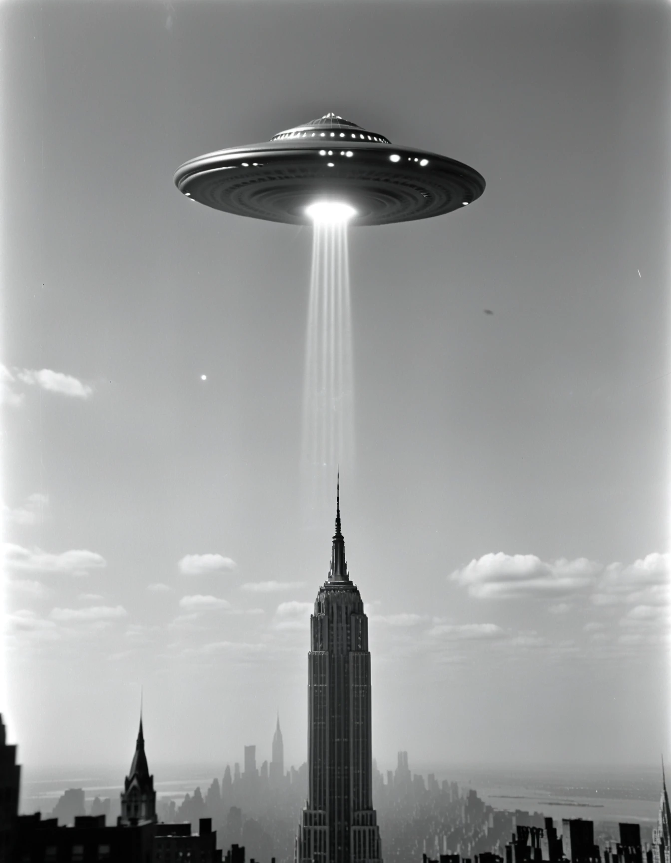 A blurry 1950s photo of a UFO hovering above the empire state building, viewed from the ground below