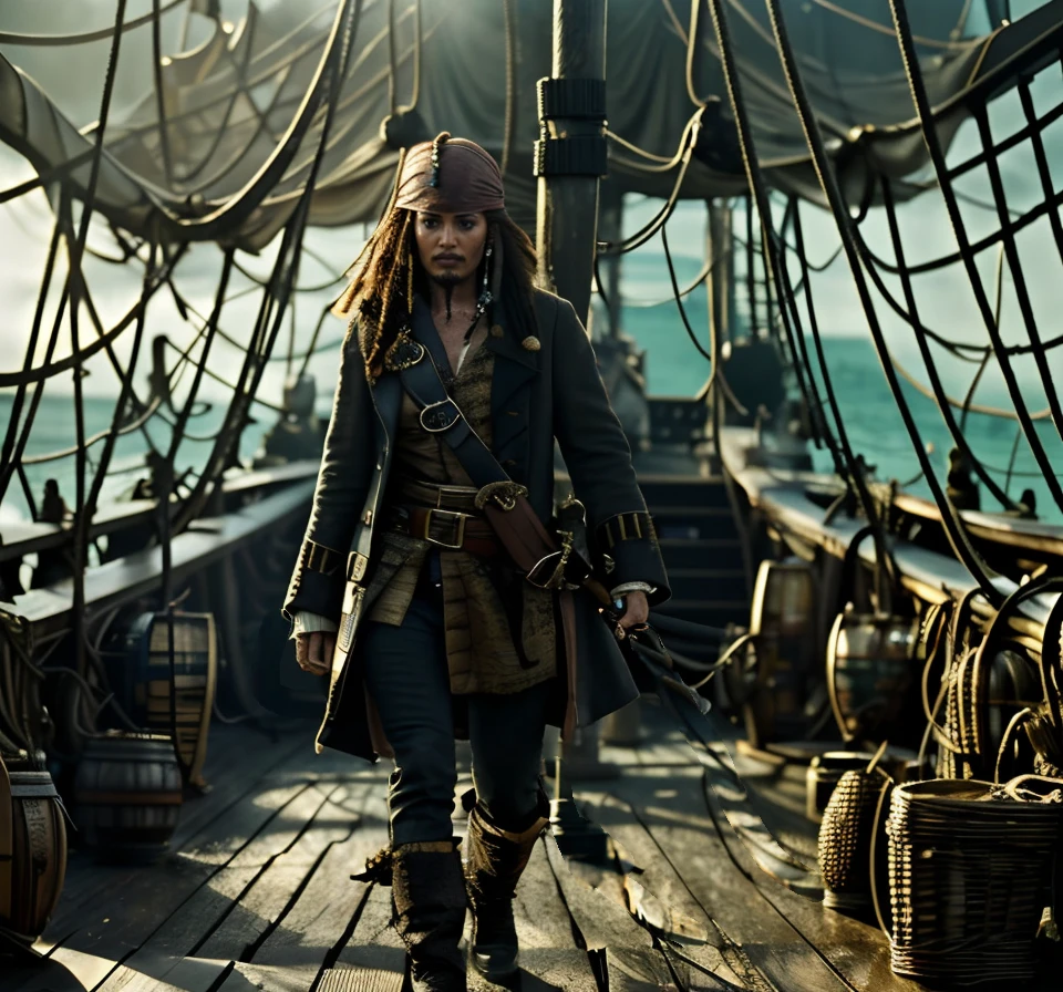 (masterpiece:1.2), (best quality,:1.2), 8k, HDR, ultra detailed, ((photorealistic)), perfect anatomy, professional light, cinematic lighting, fashion photography, ambient lighting,<lora:detail_slider_v4:3>, pire, <lora:PirateRealms-10:1>, a pirate standing on deck a pirate ship in the caribbean, <lora:pirates_of_the_caribbean_offset:1>, Pirates of the Caribbean, epiCPhoto