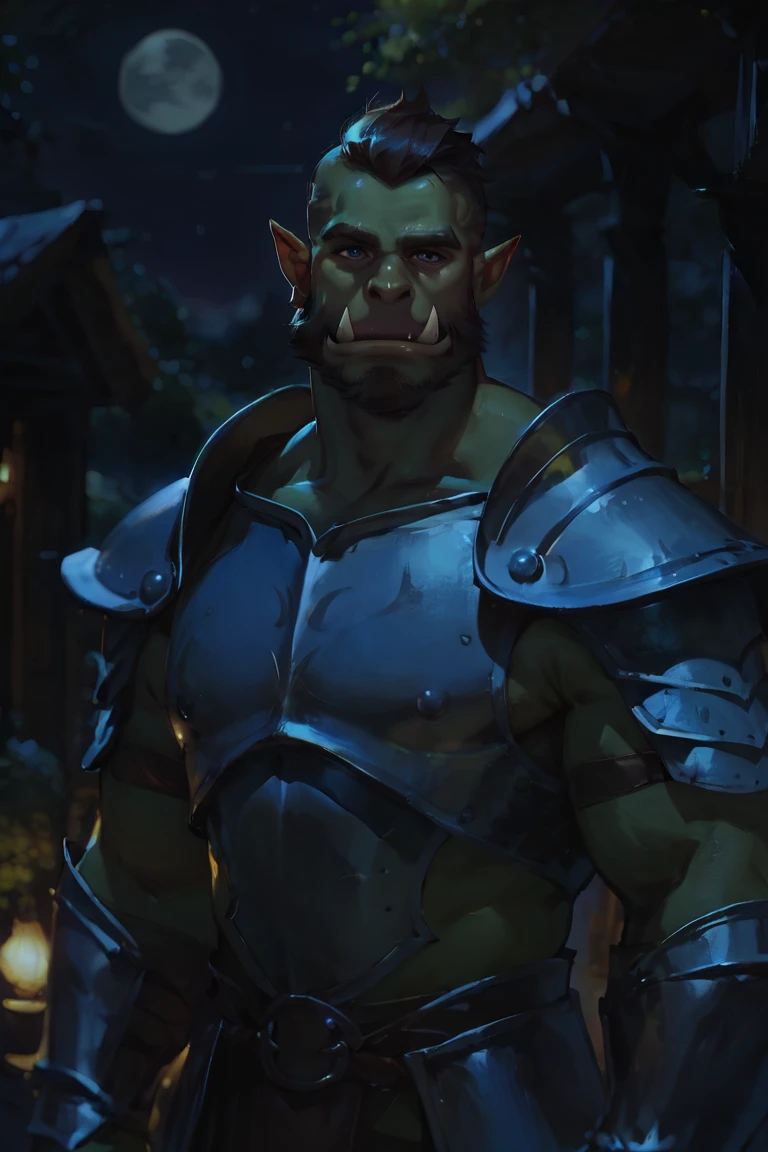 score_9, score_8_up, score_7_up, digital art, realistic, solo, male focus, mature male, orc, green skin, tusks, beard, outdoors, armor, looking at viewer, shoulder armor, breastplate, upper body, closed mouth, pauldrons, night, night sky, standing <lora:Digital Art Style SDXL_LoRA_Pony Diffusion V6 XL:1>