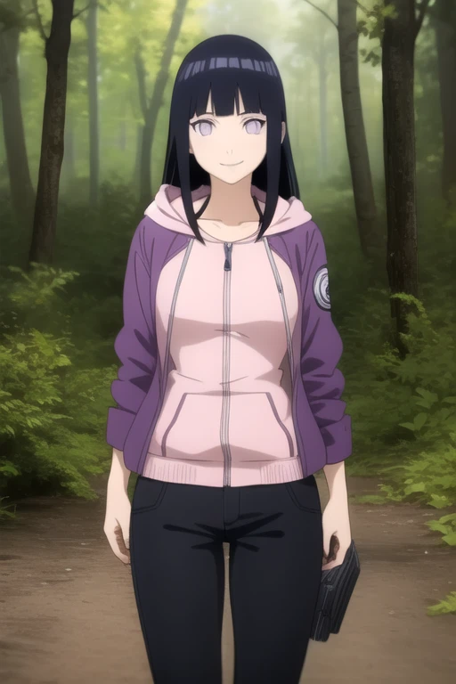 ((masterpiece)),(best quality),official art,extremely detailed CG,unity 8k wallpaper,ultra detailed,beautiful detailed eyes,extremely detailed face,forest,nature,1girl,solo,cowboy shot,looking at viewer,facing viewer,anime coloring,smile,hyuuga hinata,long hair,black hair,sidelocks,blunt bangs,purple eyes,white eyes,no pupils,forehead protector,konohagakure symbol,long sleeves,purple jacket,hood down,medium breasts,pants,sandals,<lora:Hyuuga Hinata(naruto)>,