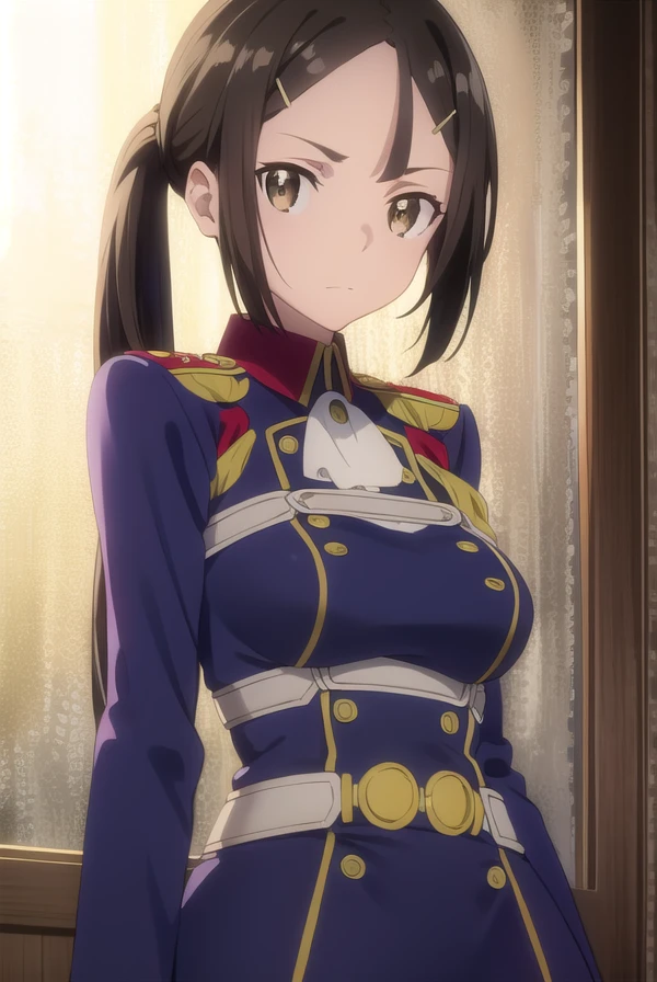 izettabianca, <lora:izetta bianca s1-lora-nochekaiser:1>,
bianca, black hair, hair ornament, (brown eyes:1.5), hairclip, ponytail,
BREAK pants, uniform, military, military uniform,
BREAK indoors, office,
BREAK looking at viewer, dynamic pose,
BREAK <lyco:GoodHands-beta2:1>, (masterpiece:1.2), best quality, high resolution, unity 8k wallpaper, (illustration:0.8), (beautiful detailed eyes:1.6), extremely detailed face, perfect lighting, extremely detailed CG, (perfect hands, perfect anatomy),