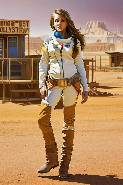 full-body portrait: young woman (long brown hair) in a practical astronaut cowgirl outfit, stands confidently against the backdrop of a deserted Eldorado (Wild West town), vibrant day setting with dusty tones, detailed in ultrafine detail.