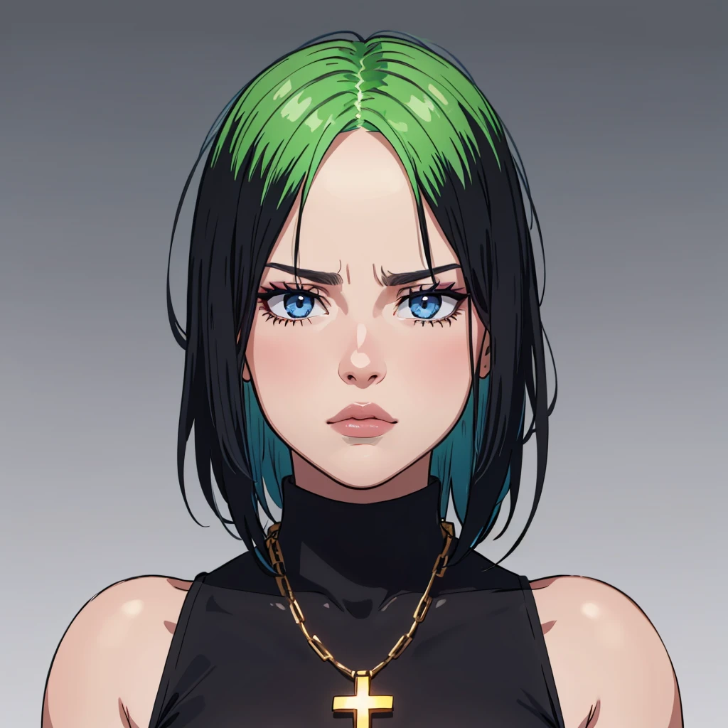 1girl, solo, Billie Eilish,  grey blue eyes, black hair, green hair, lips, makeup, expressionless, narrowed eyes, <lora:Billie_Eilish_Leaf1:0.6>,  cowboy shot,   gradient background,  looking at viewer, black turtleneck, gold cross necklace,