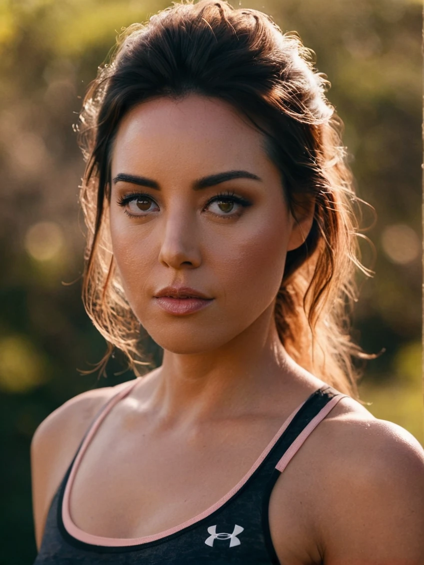 a beautiful picture of 4ubreyXL, detailed skin texture,masterpiece, photorealistic, woman, 4k, backlighting, light, RAW color photo,(fully in frame:1.1), (blush:0.5), (goosebumps:0.5),brunette, <lora:4ubreyXL:1> wearing a sporty outfit,detailed face,outdoors background