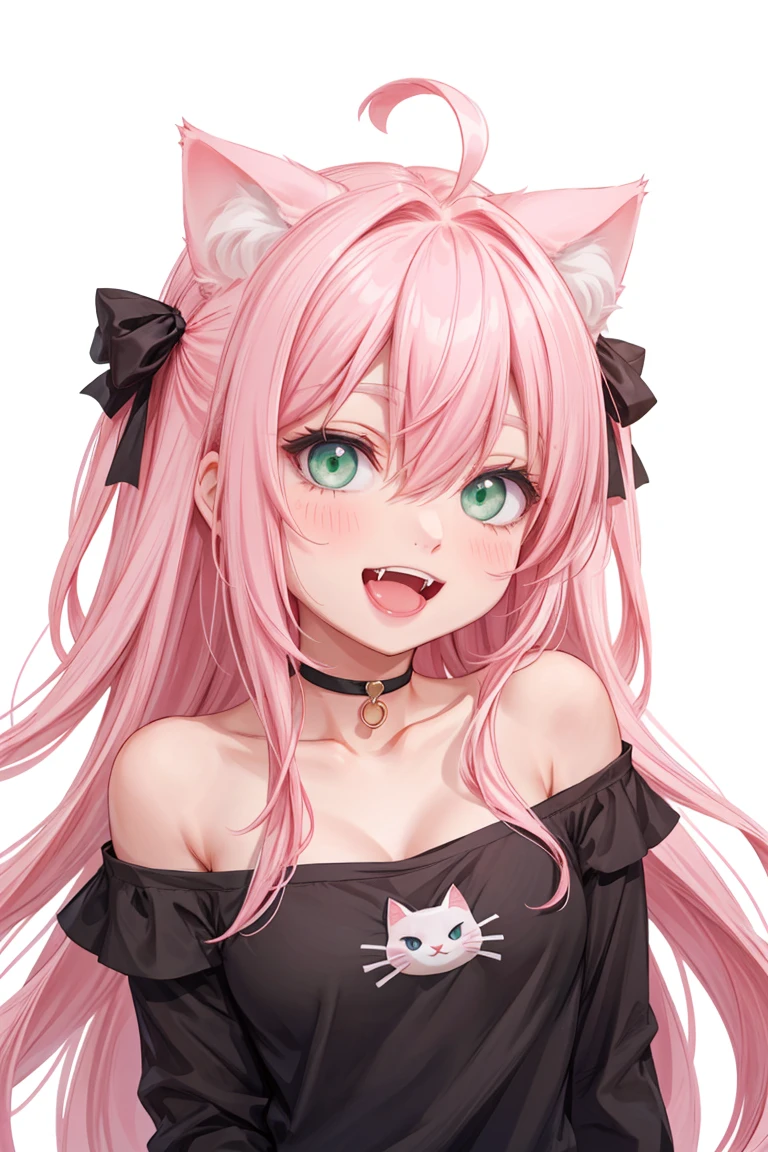 1girl, animal ears, solo, fangs, long hair, cat ears, off shoulder, breasts, pink hair, white background, green eyes, simple background, black shirt, shirt, ahoge, animal ear fluff, open mouth, looking at viewer, smile, upper body, small breasts, blush, two side up, bare shoulders, :d, collarbone, cat girl, cleavage, bangs, hair between eyes