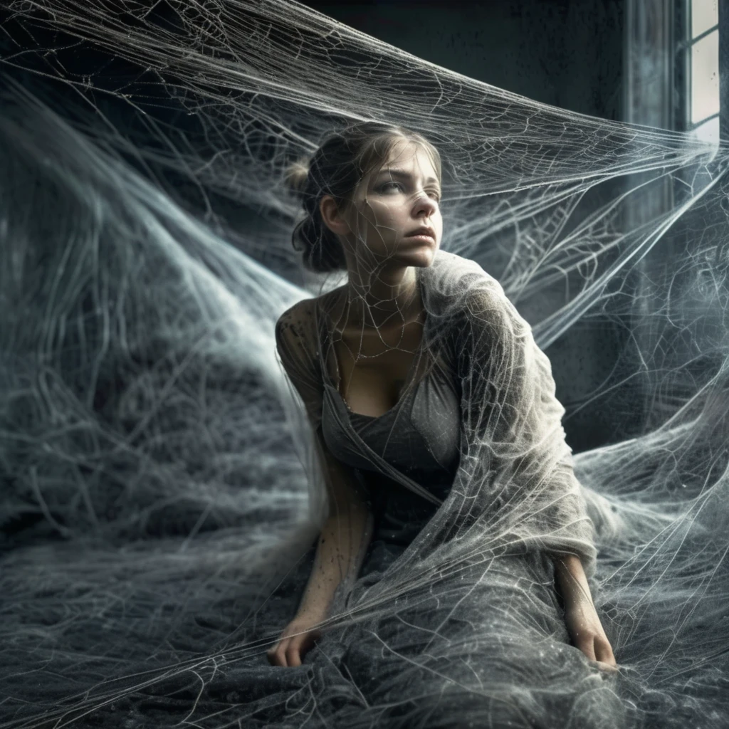 a woman in a tight web bondage, cocooned, struggle in the web, red gag