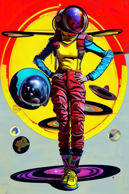 art style by frank miller, astronaut, background, colorful, colorful abstract planetary background, day, fullbody, helmet, high-heeled, legs, lips, multiple girls, pants, raw, science fiction, shoes, solo, standing, stylize, ultrafine details, without