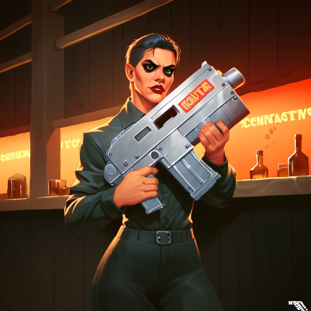 score_9, score_8_up, score_7_up, source_cartoon, a criminal in a balaclava aims (a bltgun bolter weapon) in both hands, bank, robbery, heist,