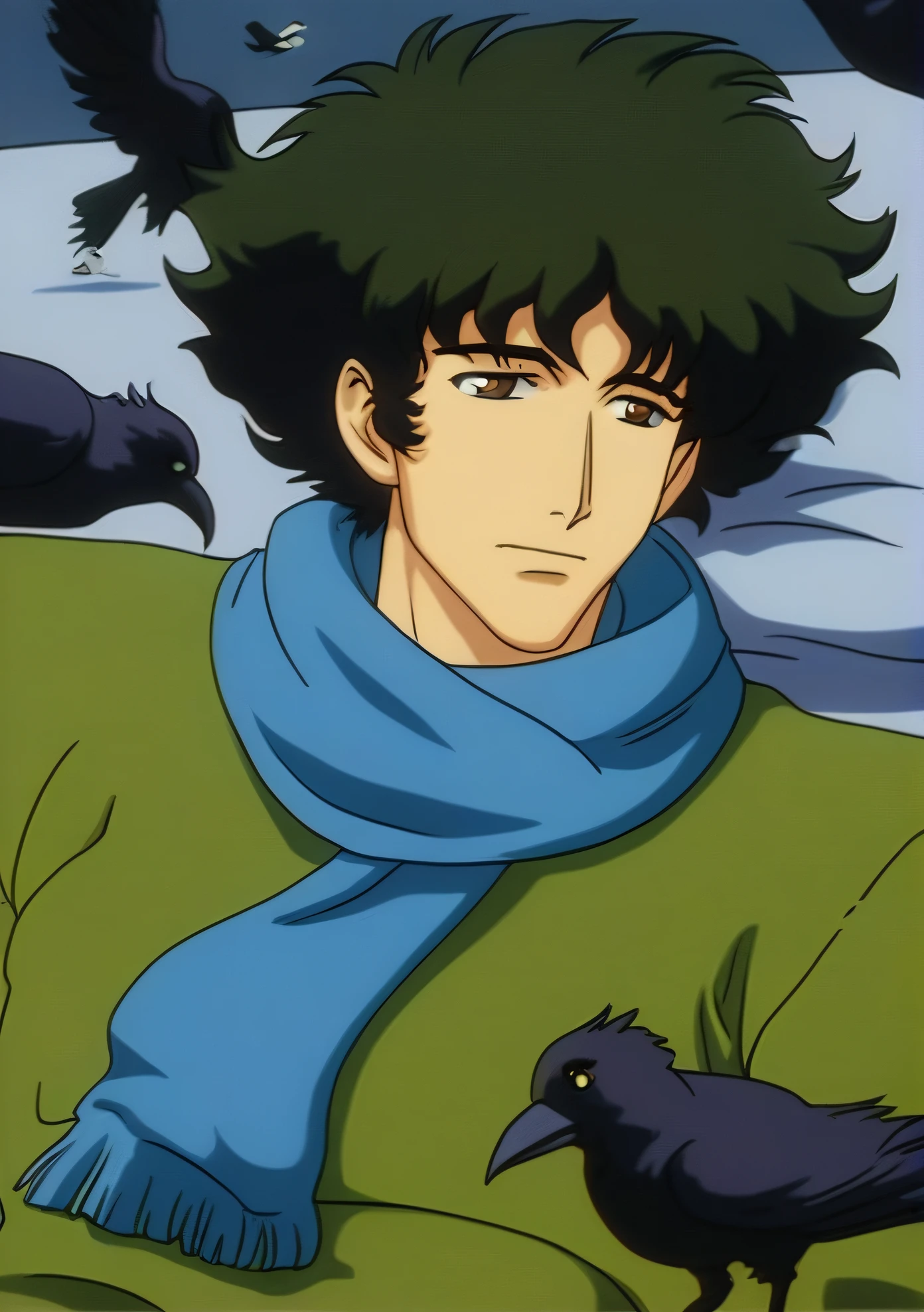 Spike Spiegel,brown eyes solo,black hair,1boy,upper body,male focus,lying,on back,scarf,coat,bird,feathers,retro artstyle,blue scarf,crow,retro artstyle,1990s (style),masterpiece,oldest  <lora:Spike:0.7>