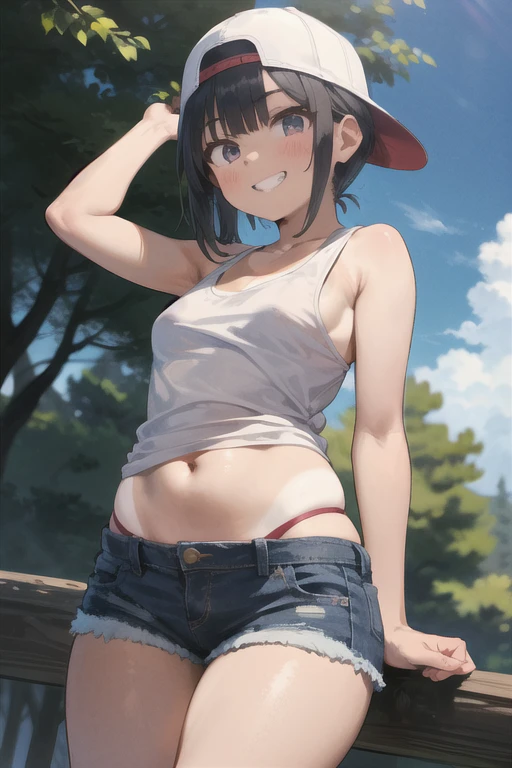 (masterpiece), (absurdres), (solo), (1girl), medium breasts, tomboy, wide hips, thick thighs, backwards cap, baseball cap, tank top, denim shorts, tanlines, outdoors, grin, arm behind head, raised eyebrows, leaning forward, from below,<lora:CONCEPT-BackwardsCapLORA:1.2>