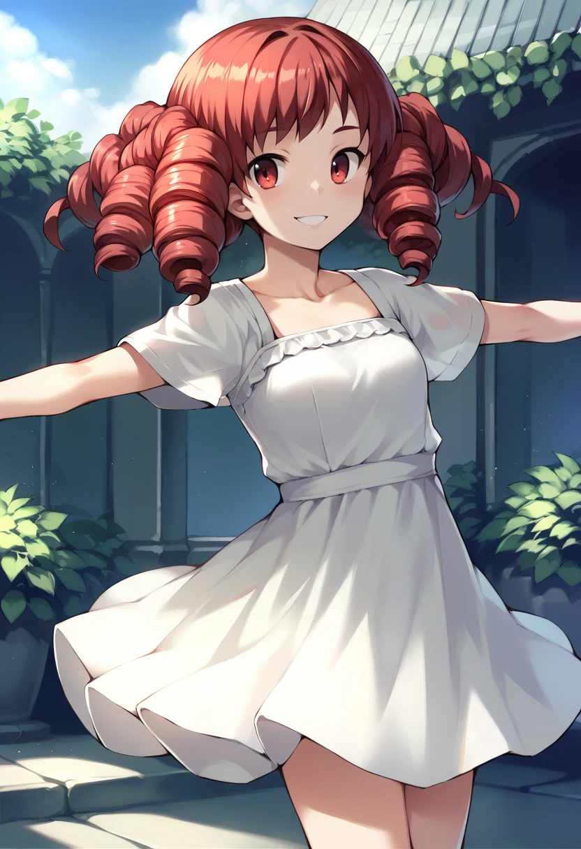 score_9, score_8_up, score_7_up, source_anime, 1girl,red eyes,smile, outdoors, best quality, red hair, ringlets, outstretched arms, white sundress, by bosshi <lora:Bosshi-Style-PonyXL-000042:1>