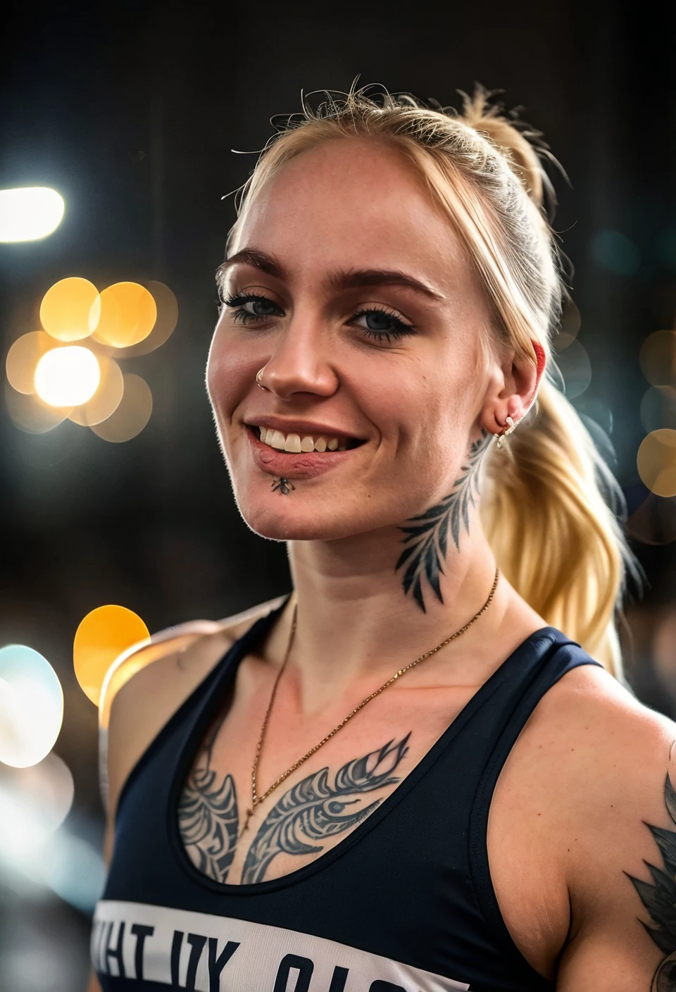 (raw photo of ohwxmo woman), (20 y.o), blonde hair, (pale white skin), (fitness girl), detailed skin, detailed eyes, epiCPhoto, amateur pic, instagram, dslr, (at the weight room:1), dslr, (wears black tight sportswear:1), neck tattoo, (muscular girl, body building:0.5), small chest, <lora:Mila-000011:0.8>, (bokeh:1.2), ponytail, (smiling:1.2), (ohwxmo woman)