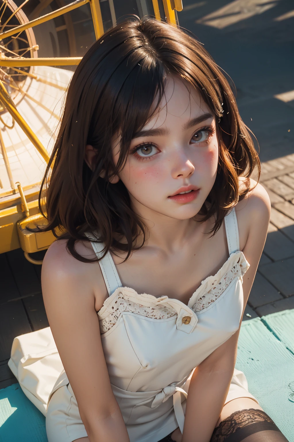 ( detailed realistic background:1),
( official art, beautiful and aesthetic:1 ),
realistic lighting,
cinematic lighting,
hyperrealism,
soothing tones,
muted colors,
high contrast,
soft light,
sharp,
artistic photoshoot,
( cute, petite),
slender,
european,
pale cheeks,
square face shape with angular jaw,
natural "no-makeup" makeup,
big breasts,
,
wearing Wearing a Cinched Waist Blouse , Wearing a Sheath Dress and lace top stockings , , From Above ,
Bare shoulders, Bare neck, <lora:Sexy-Spanish:0.8> brown hair, light brown eyes, ,
At a 1950s County Fair: Colorful attractions, popcorn smell, bright balloons, ferris wheel,