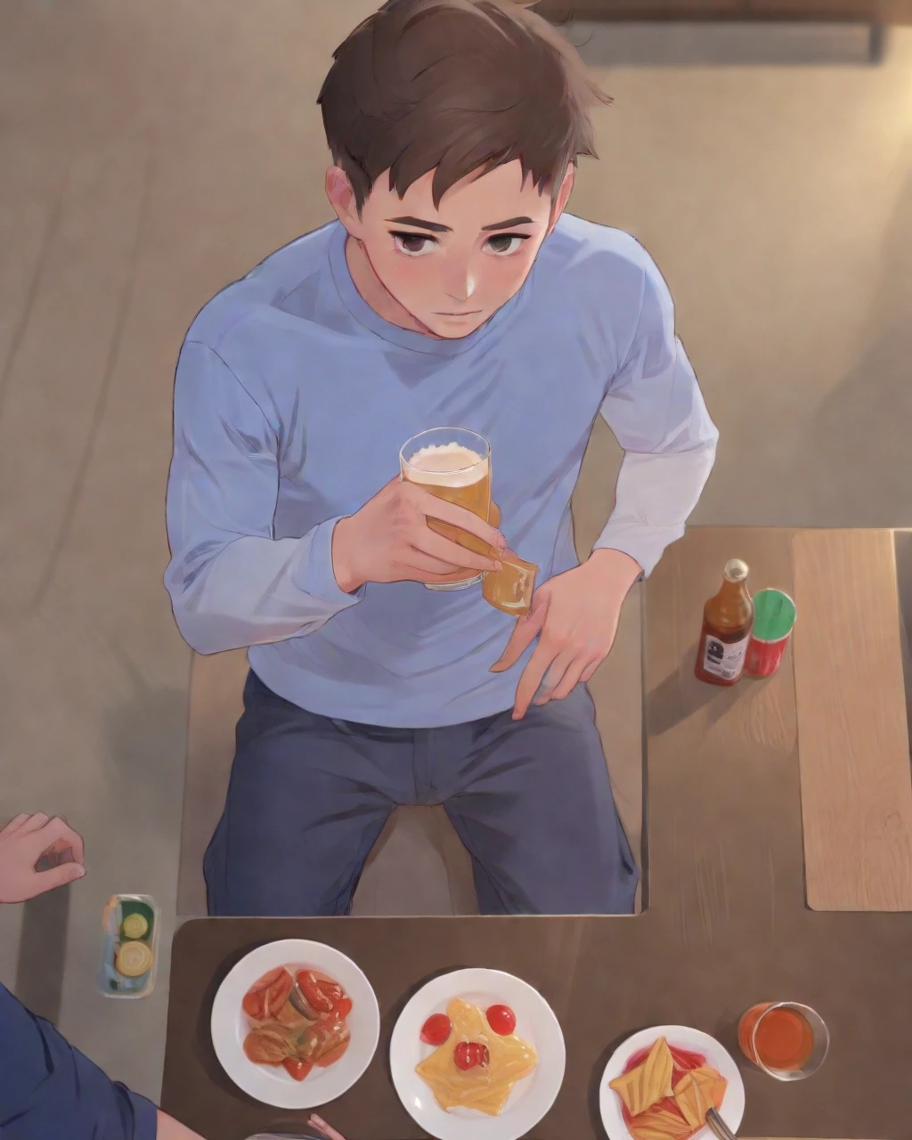 1man sitting at a table with food,short hair,brown hair,shirt,black hair,holding,sitting,white shirt,male focus,food,cup,bottles, from above,table,blue shirt,holding cup,plate,alcohol,sleeves rolled up,drinking glass,chopsticks,undercut,beer,holding chopsticks <lora:webtoon_flux-v0.80_000075500:0.8>