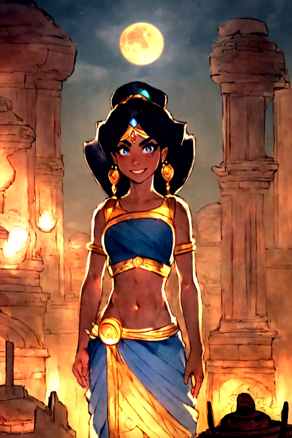 masterpiece, ultra-detailed, best quality, illustration, 8k cg wallpaper, an extremely delicate and beautiful, 1girl, Princess Jasmine /(Aladdin/), solo, perfect anatomy, smiling, blushing, dark skin, perfect arms, perfect hands, perfect fingers, perfect legs, cute, pretty, beautiful, sexy, perfect body, (background: Arabian city, Arabian buildings, night sky, moon, stars, intricately detailed items in background),