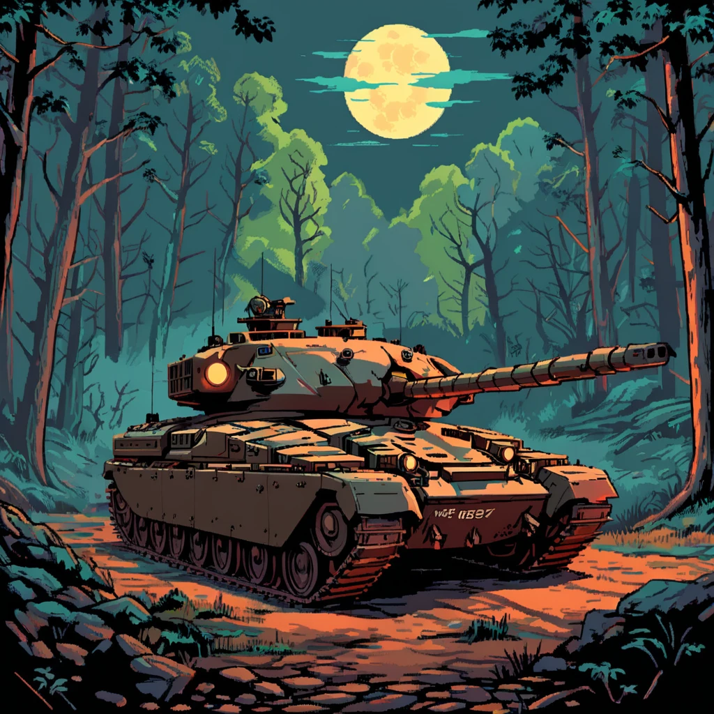 A night operation scene with a chftntank tank illuminated by the glow of infrared lights, moving stealthily through a dense forest with a full moon in the sky ((pulp_comic, heavy_lines, hand_drawn, hand_inked, hand_colored, perfect_face, apxlz))