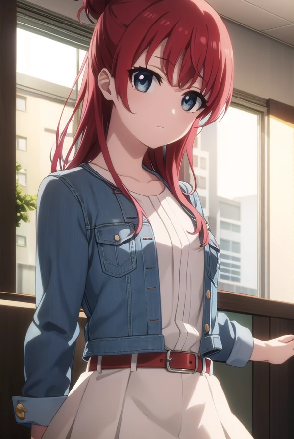 shizukasakaki, <lora:shizuka sakaki s1-lora-nochekaiser:1>,
shizuka sakaki, long hair, blue eyes, red hair, hair bun, single hair bun,
BREAK skirt, jacket, blue jacket, white shirt, frills, frilled shirt, pink skirt, belt, denim jacket,
BREAK indoors, office,
BREAK looking at viewer, dynamic pose,
BREAK <lyco:GoodHands-beta2:1>, (masterpiece:1.2), best quality, high resolution, unity 8k wallpaper, (illustration:0.8), (beautiful detailed eyes:1.6), extremely detailed face, perfect lighting, extremely detailed CG, (perfect hands, perfect anatomy),