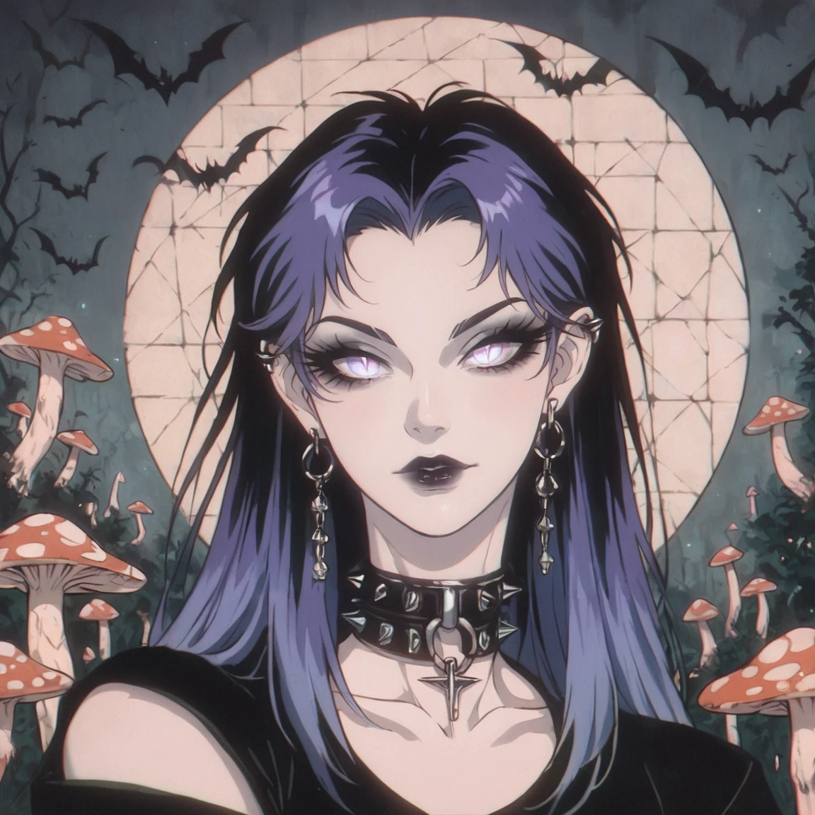 score_9, score_8_up, score_7_up, score_6_up, score_5_up, score_4_up,
BREAK
vintage, 1990s \(style\), 
lady, tattoo, solo, lips, long eyelashes, [:tomboy:0.25], purple medium hair, looking at viewer, choker, light smile, (goth:1.2), vivid colors, dark background, (bats:1.2), highly detailed, intricate,
sexy, (colorful:1.2), high contrast, colorful hair, chaos, psychedelic, mushroom, 
hallucination, highly (intricate details:1.1), sharp detailed eyes, luminsm, (Solo:1.1), fractal, glowing
<lora:OldAnimeStyle_XL_v3:0.75>
