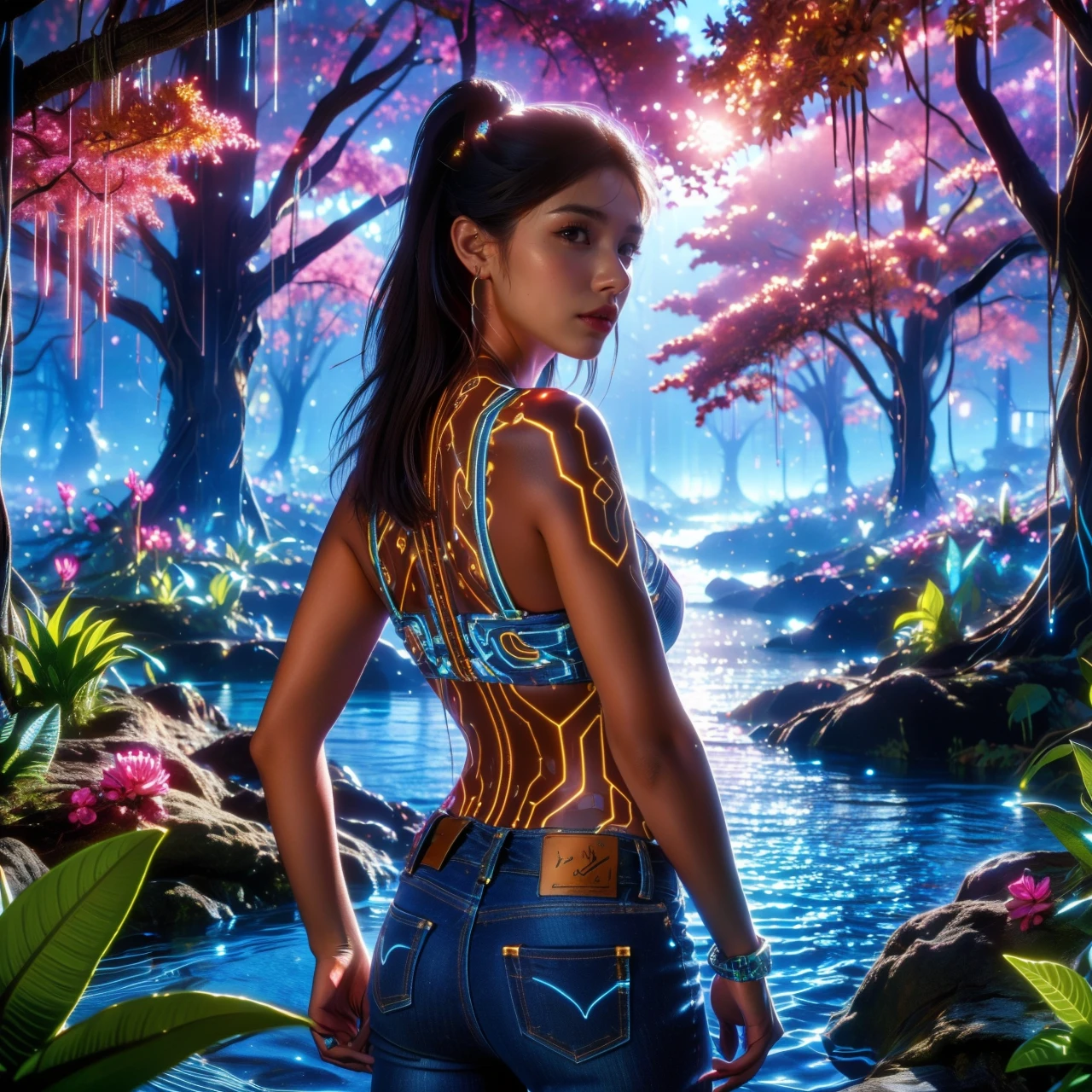 (glowing:1.1),fantasy,colorful,1girl,solo,long hair,jewelry,looking at viewer,looking back,outdoors,ass,denim,belt,brown eyes,from behind,bracelet,day,breasts,water,swimsuit,cowboy shot,pants,bikini,brown hair,standing,lips,mole,back,earrings,holding,jeans,leaf,black hair,realistic,plant,medium breasts,bare shoulders,parted lips,bikini top only,closed mouth,sunlight,nature,
Best quality,masterpiece,ultra high res,<lora:20240304-1709534878700-0020:0.7>,saibosenlin,