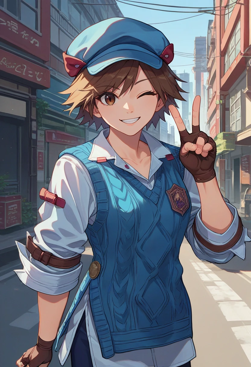 masterpiece, best quality, pokemonjuliana, single braid, hat, white shirt, orange necktie, short sleeves, big butt, orange shorts, furrowed brow, :D, pointing, standing, cowboy shot, sky, cityscape