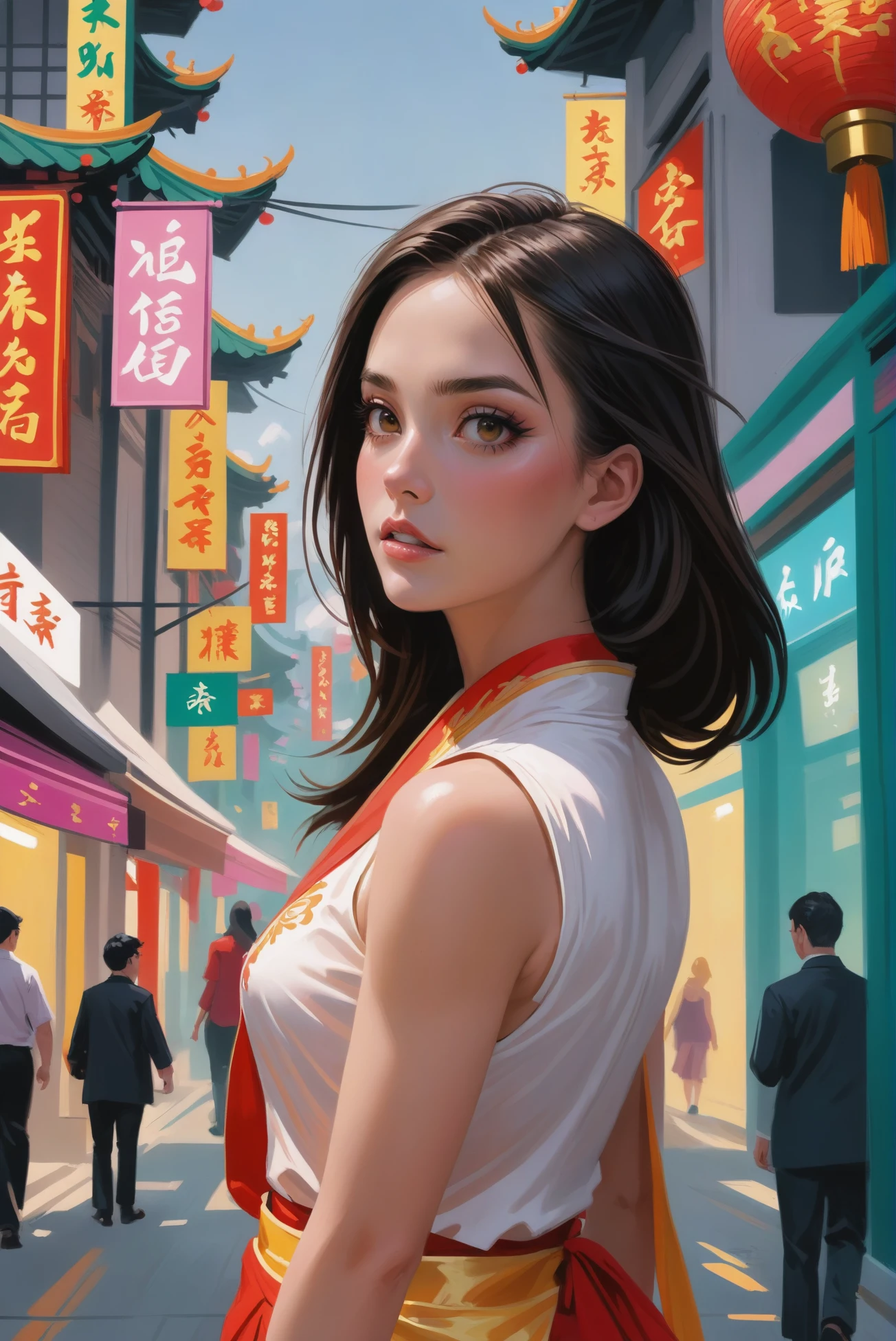 digital painting, 1girl, woman, beautiful, in a chinatown