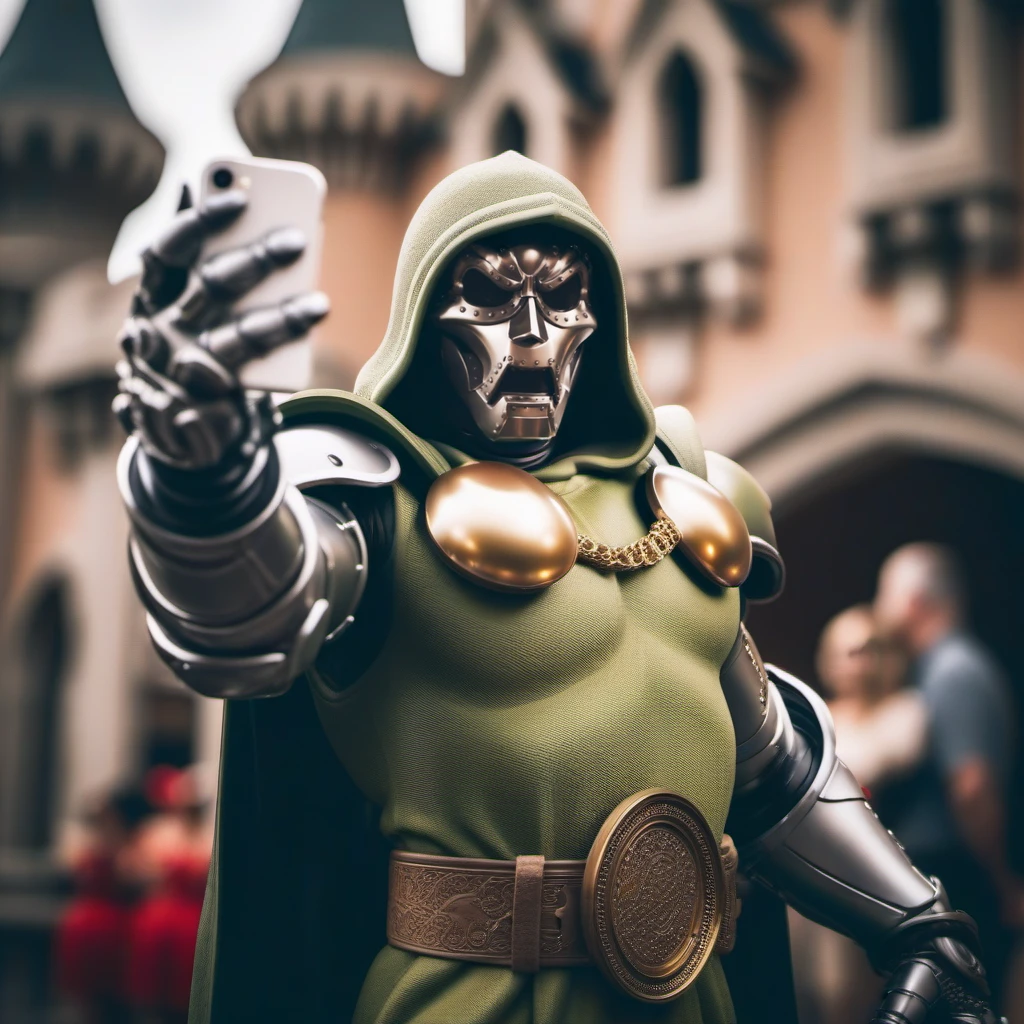 DrDoom1024, full body, a man with a mask and a hood ((take a selfie)), having fun, disneyworld <lora:DrDoom1024:0.8>