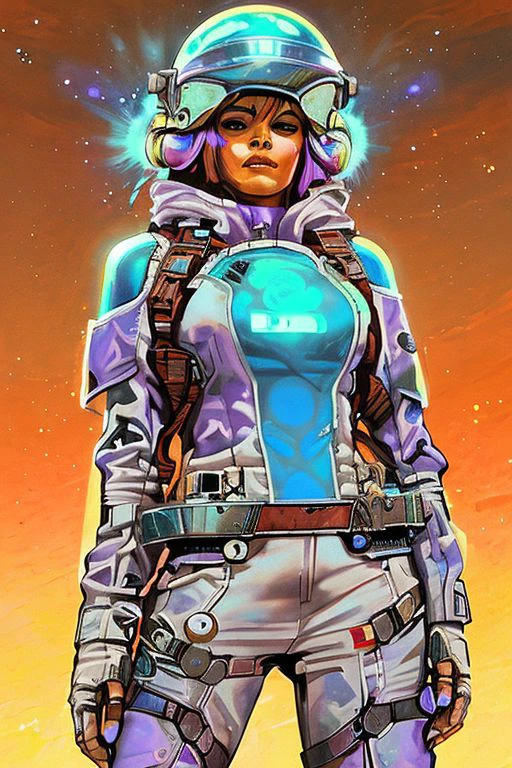 A seasoned, yet breathtaking space cowgirl, etched with the harsh tales of the cosmos, stands resolute against the desolate expanse of Eldorado. Her futuristic, chrome and neon spacesuit, a fusion of cowboy swagger and alien technology, hangs loosely, revealing the off-the-shoulder design beneath. Through the open helmet, a determined face peers out, squinting against the harsh, electric blue sun. A lone, nebula-like star casts a shimmering, violet glow upon her features, highlighting the mix of resilience and contemplation etched in her eyes. The space cowgirl's presence, a stark contrast to the emptiness that surrounds her, embodies the stoic spirit of a pioneer in this forgotten corner of the universe. (Standard rectangles)