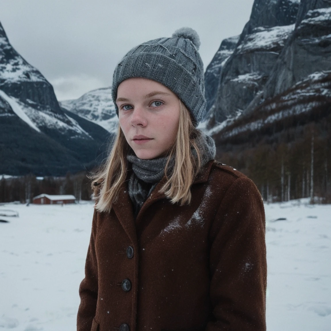 cinematic analog movie still of young 18 years old scandinavian girl Freja in winter norway
