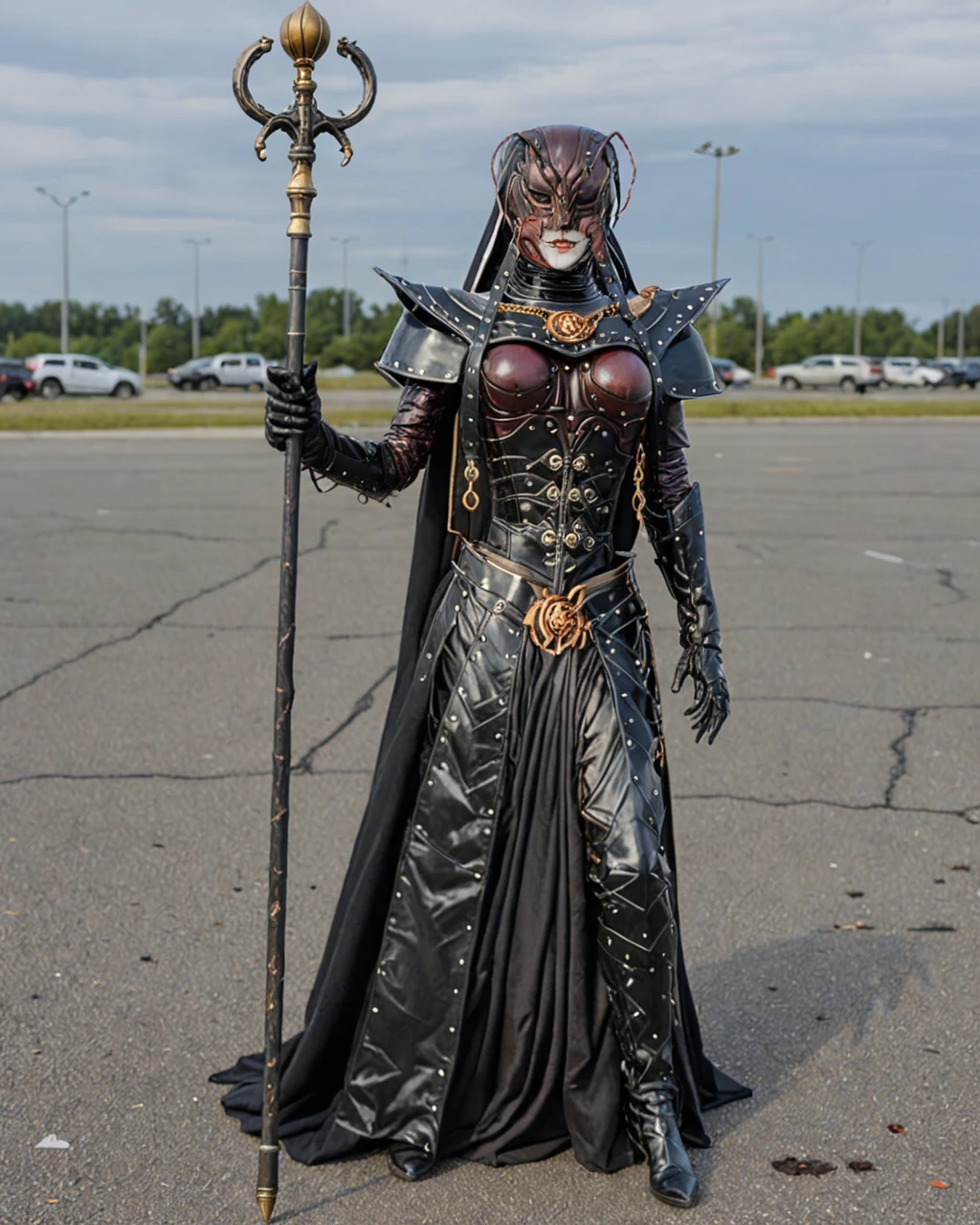 formicaxl, a full body of a woman in a dark costume holding a long scepter that reached to the ground. She is standing on an empty parking lot menacingly. <lora:formicaXL-000007:1>