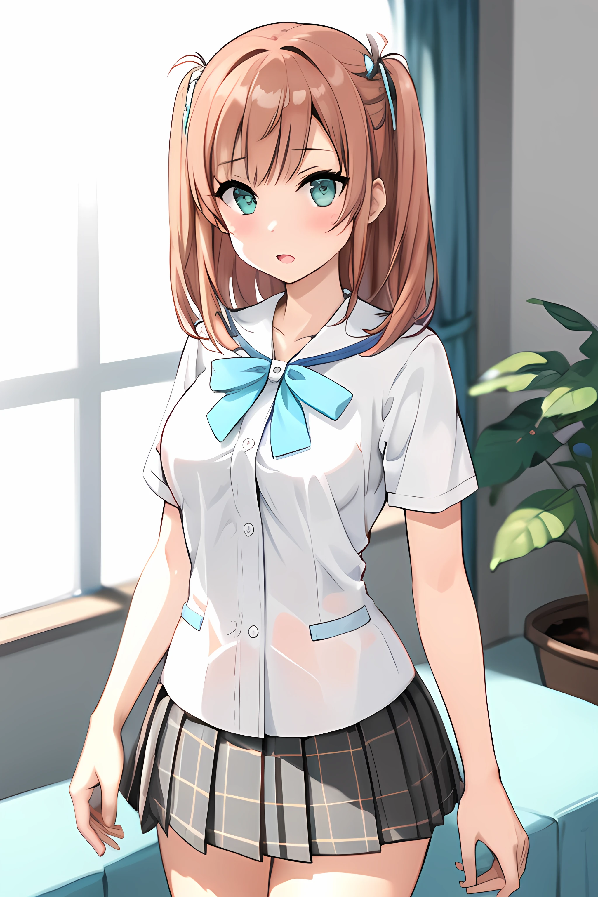 ((masterpiece, best quality)), 1girl,solo,standing,minori nanahashi \(uniform\) \(one room\), blue_ribbon, blush, brown_hair, green_eyes, hair_ribbon, looking_at_viewer, plaid_skirt, pleated_skirt, ribbon, school_uniform, shirt, short_sleeves, simple_background, skirt, solo, two_side_up, v, white_background, white_shirt,,,,,,extremely detailed CG unity 8k wallpaper, perfect lighting,Colorful, Bright_Front_face_Lighting,White skin, (masterpiece:1.0),(best_quality:1.0), ultra high res,4K,ultra-detailed, photography, 8K, HDR, highres, absurdres:1.2, Kodak portra 400, film grain, blurry background, bokeh:1.2, lens flare, vibrant_color,professional photograph,bow breasts, (beautiful_face:1),(detailed eyes)(narrow_waist),(Beautiful medium breasts),Beautiful Finger,Beautiful long legs,Beautiful body,Beautiful Nose,Beautiful character design, perfect face,perfect balance,(2d)