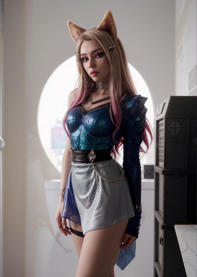 1girl, ahrikda, fox ears, 2tone hair, ((official k/da_(league_of_legends) outfit)), skirt, 1side sleeves,