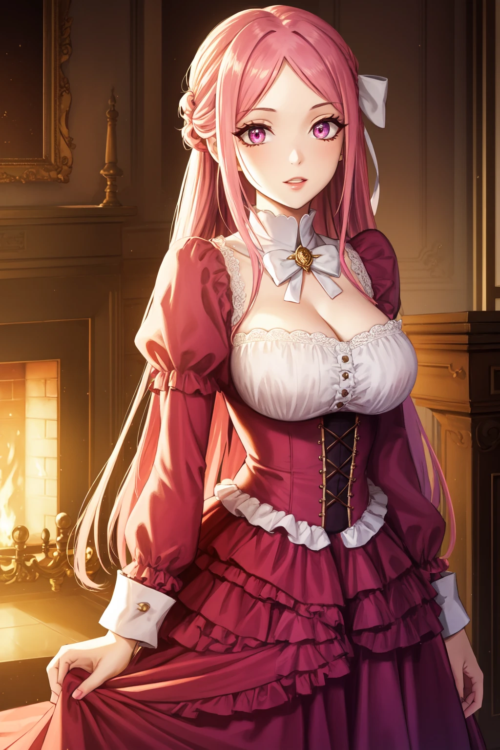 best quality,expressive eyes, perfect face, looking at viewer, 1girl, long hair,pink hair, pink eyes, inner circle in eyes, two strands parted,partially exposed forehead,golden collar with purple frills and two purple gem,hair tied up,pink victorian dress,white bow on chest,white frills on center,roses trail hair ornaments,purple bow tying hair,,complex, dramatic lighting, rim lighting,indoors, classic interior, library, fireplace, sunset